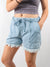 denim drawstring shorts with fringe hem