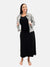 rib knit midi dress in black with denim jacket