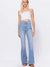 high rise light wash flare jeans on model