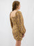 ruched balloon sleeve floral dress on model from back