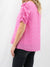 pink ruched sleeve top with gold flakes from back
