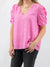 pink ruched sleeve top with gold flakes from front