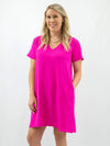 v-neck hot pink shift dress on model