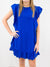 royal blue studded ruffle dress on model