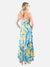 blue and yellow maxi dress with palm leaves from the back