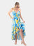 blue and yellow island print maxi dress from the front