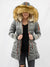 velvet winter jacket with fur hood on model