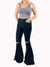 denim pants with wide flare leg and distressed hem